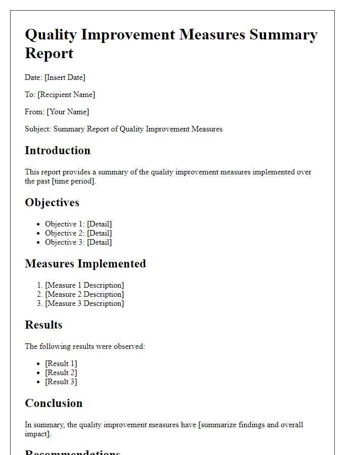 Letter template of summary report for quality improvement measures