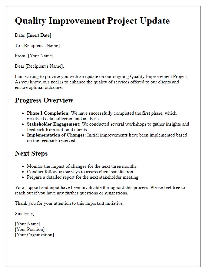 Letter template of update on quality improvement project