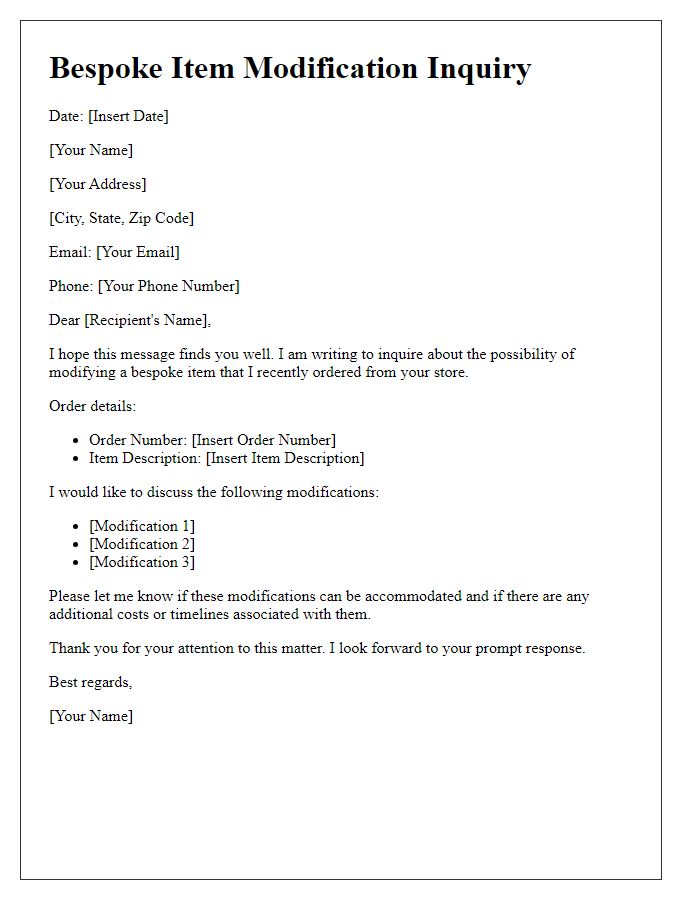 Letter template of bespoke item modification inquiry