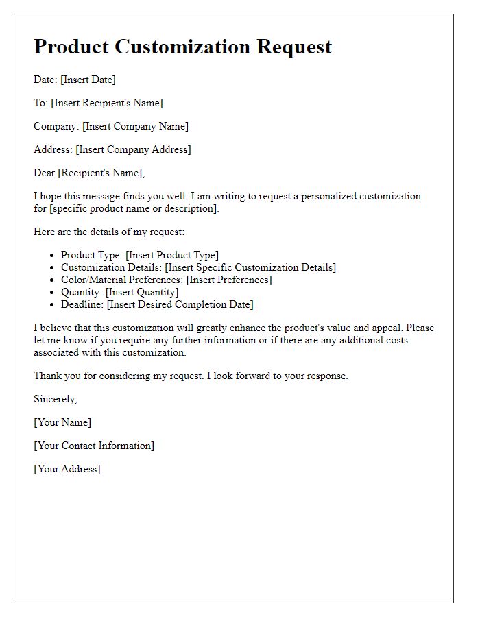 Letter template of personalized product customization request