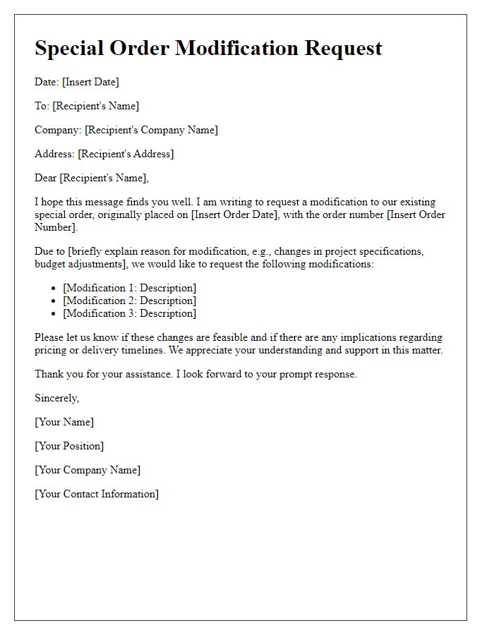 Letter template of special order modification request