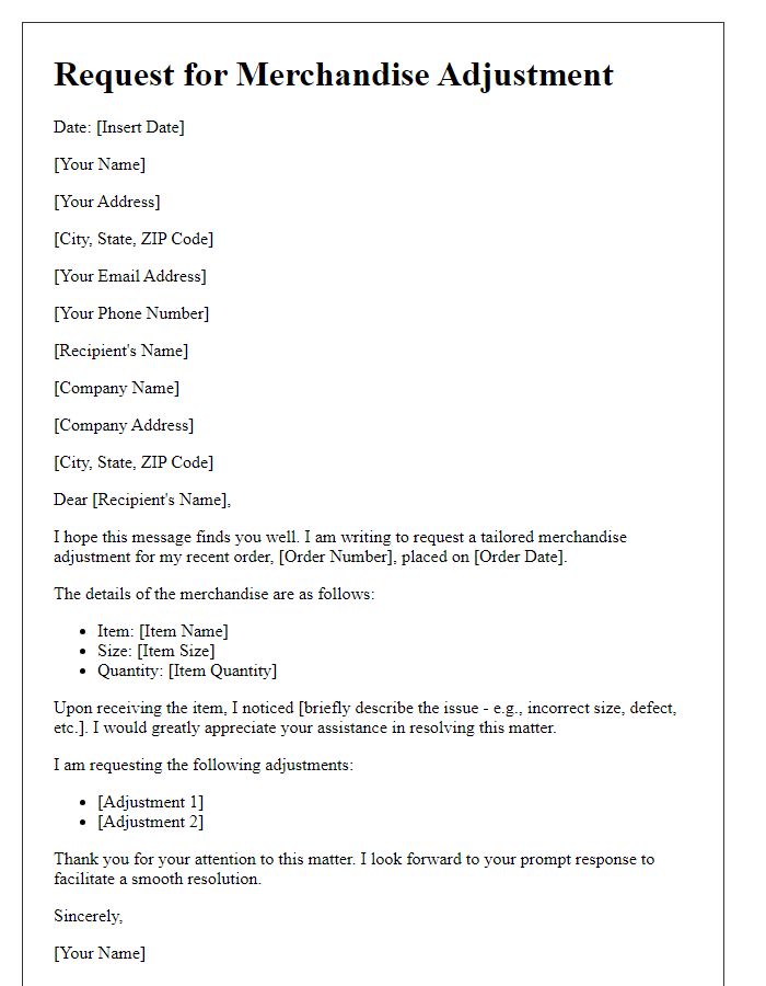 Letter template of tailored merchandise adjustment request