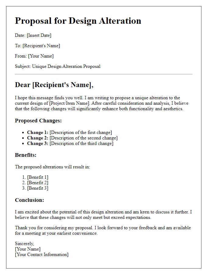 Letter template of unique design alteration proposal