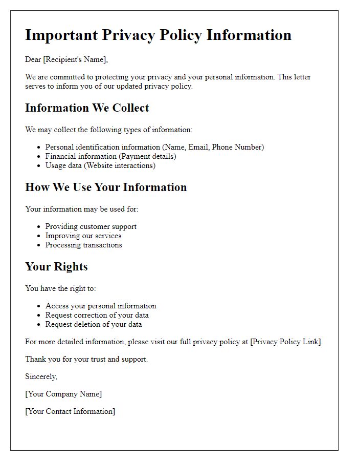 Letter template of important privacy policy information