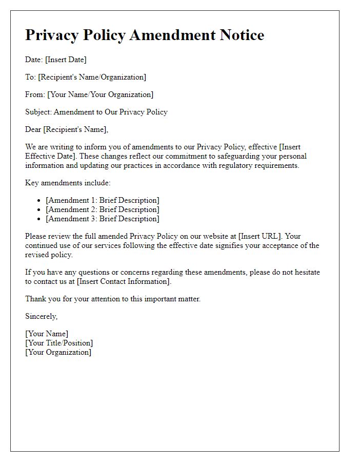 Letter template of privacy policy amendment notice