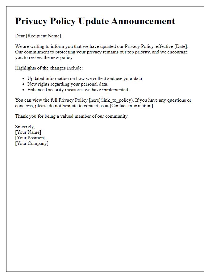 Letter template of privacy policy update announcement