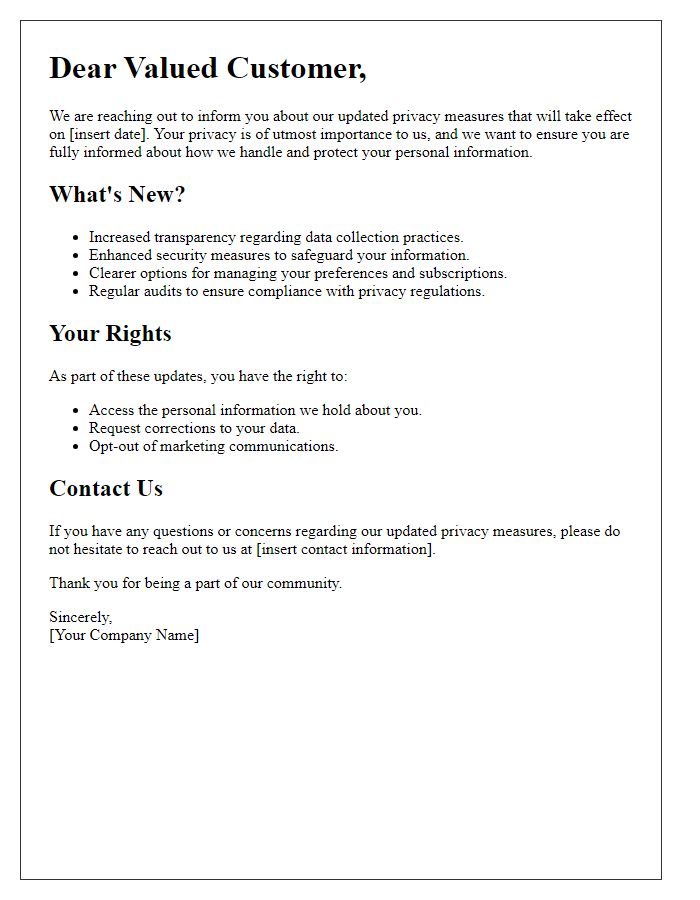 Letter template of updated privacy measures