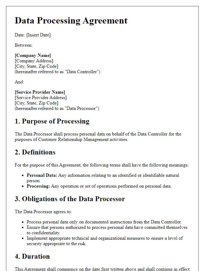 Letter template of Data Processing Agreement for Customer Relationship Management