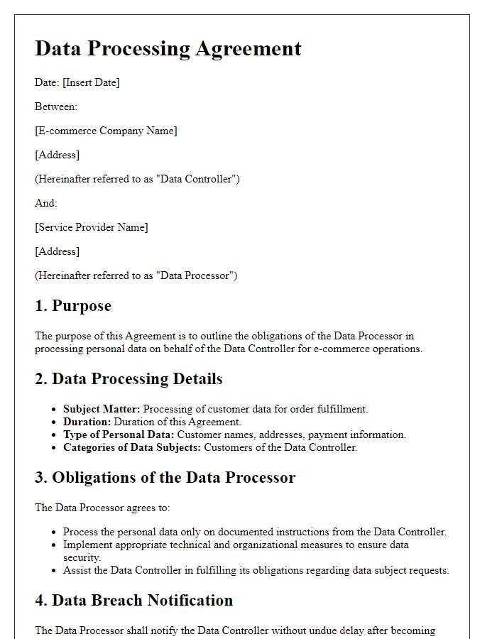 Letter template of Data Processing Agreement for E-commerce Operations