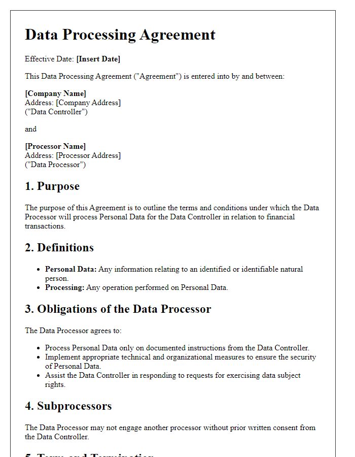 Letter template of Data Processing Agreement for Financial Transactions