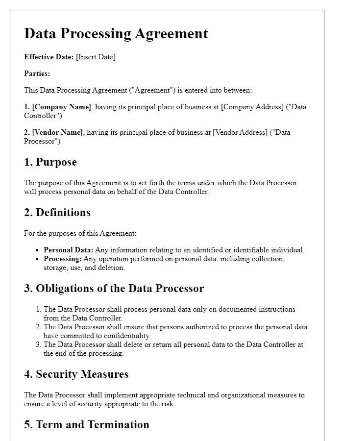 Letter template of Data Processing Agreement for Vendor Management