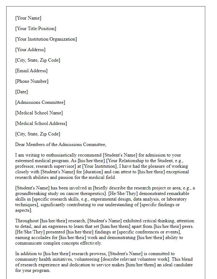 Letter template of medical school recommendation highlighting research experience.