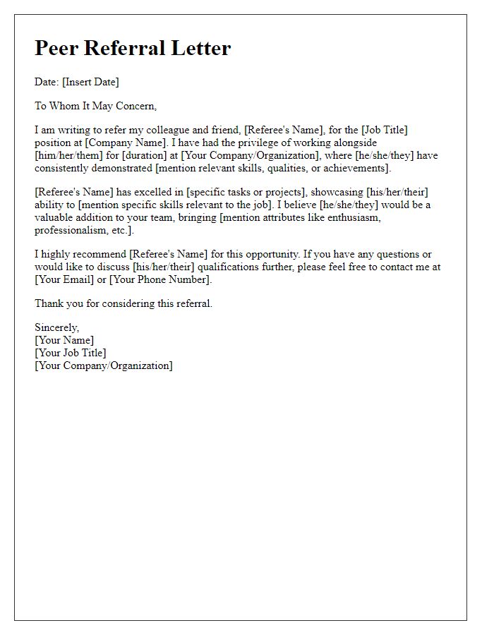 Letter template of peer referral for employment opportunity.