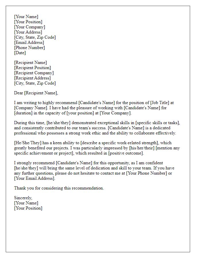 Letter template of professional recommendation for recruitment.