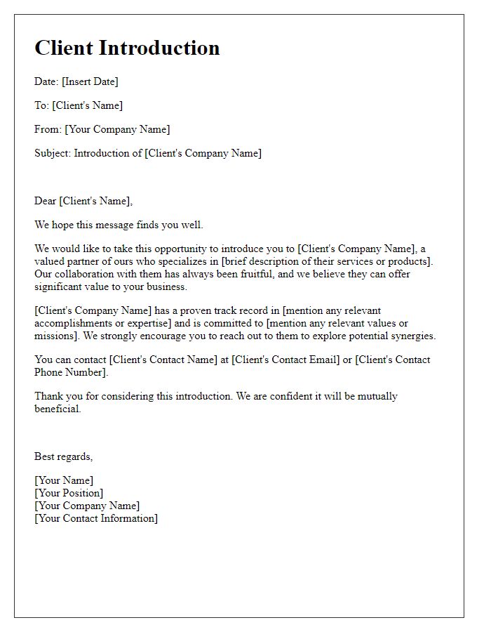 Letter template of Brief Client Introduction