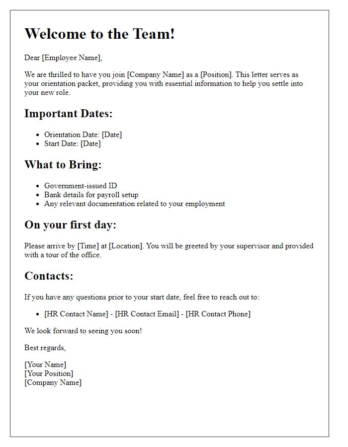 Letter template of orientation packet for new employees