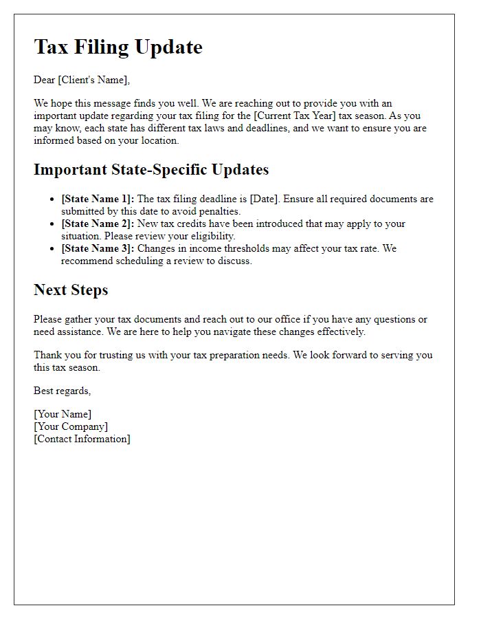 Letter template of tax filing update for clients in different states.