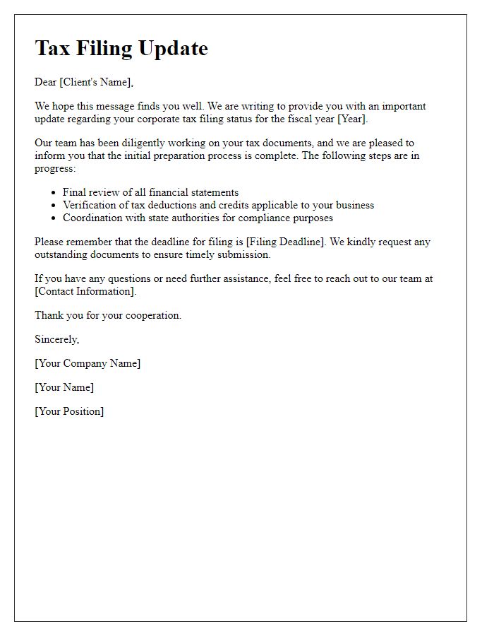 Letter template of tax filing update for corporate clients.