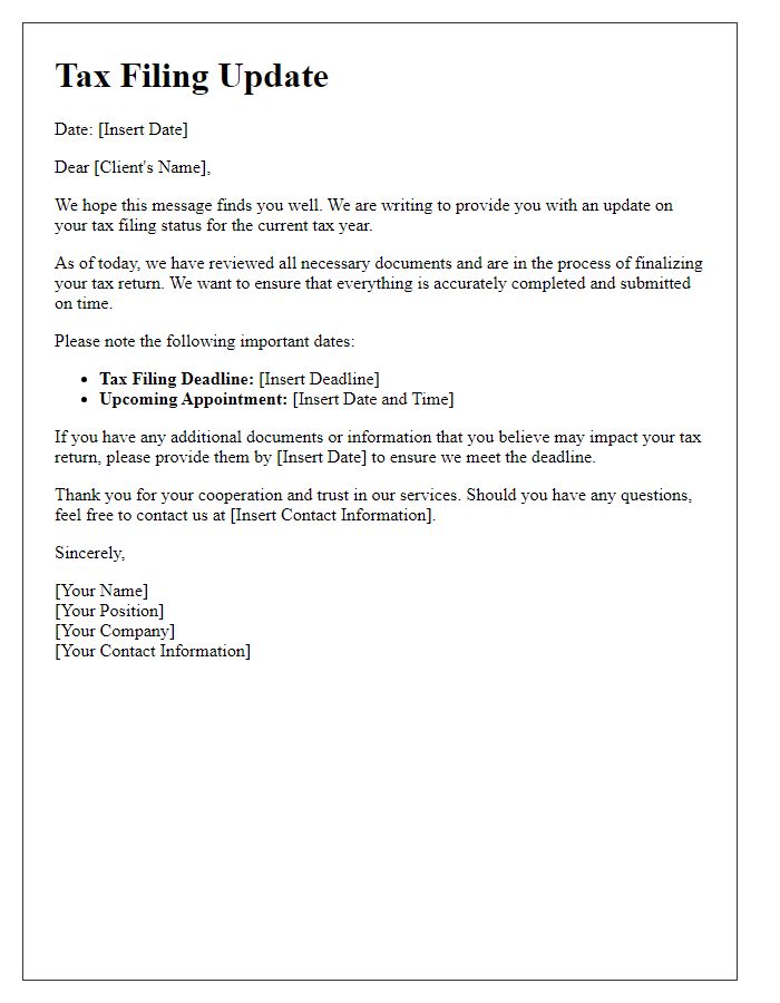 Letter template of tax filing update for individual clients.