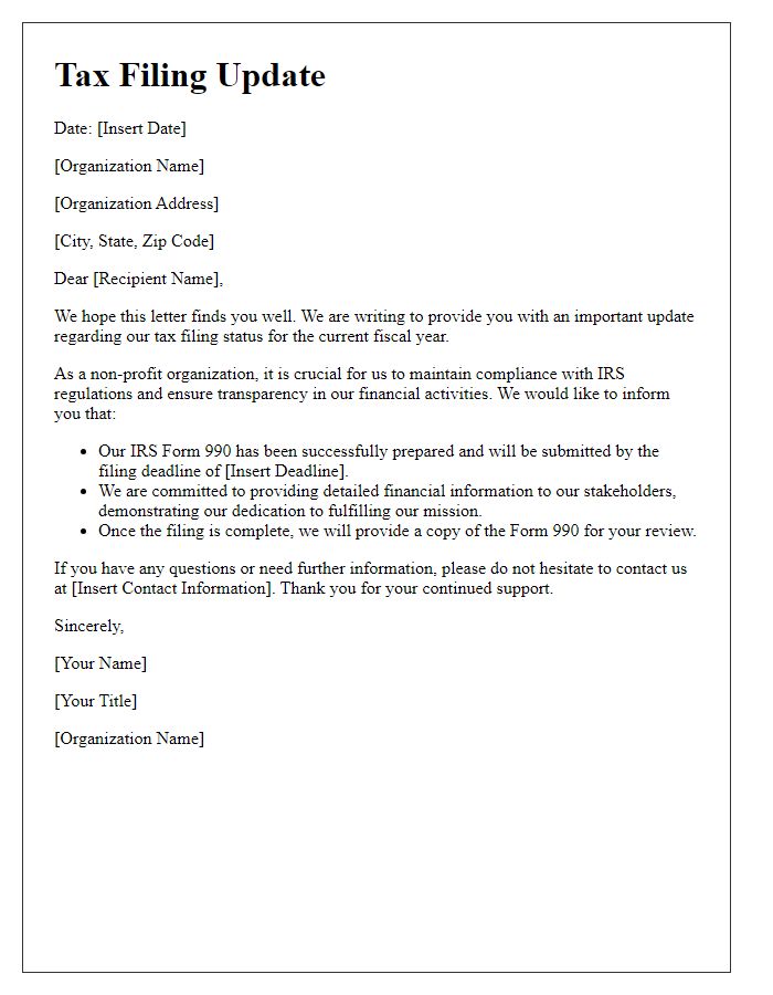 Letter template of tax filing update for non-profit organizations.