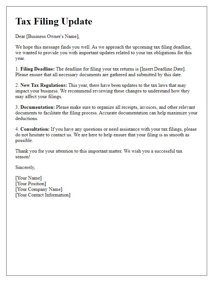 Letter template of tax filing update for small business owners.