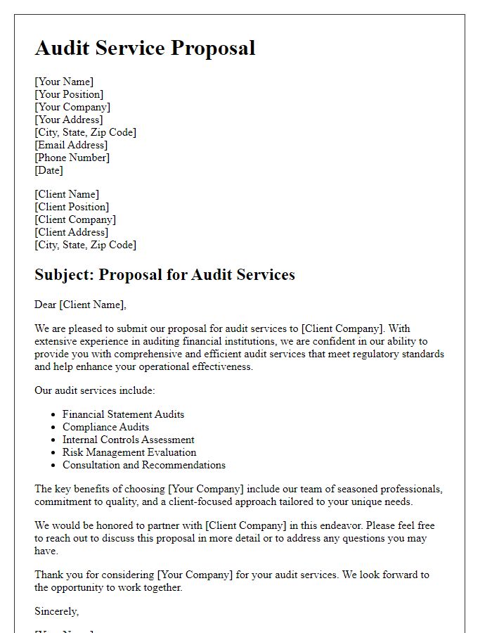 Letter template of audit service proposal for financial institutions