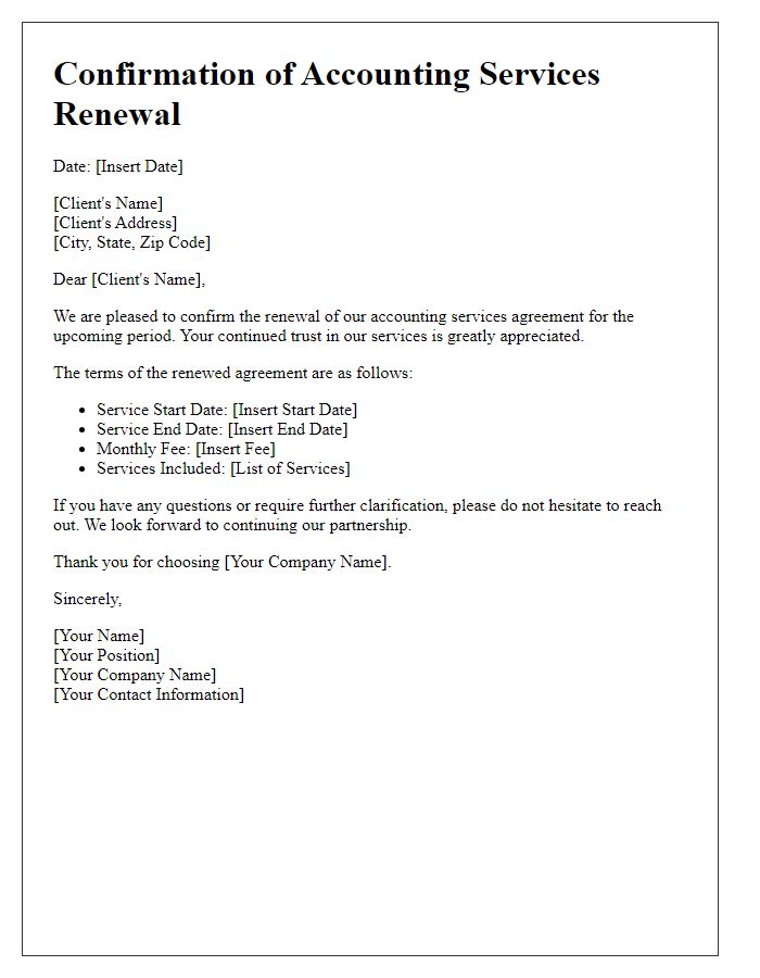 Letter template of confirmation of accounting services renewal