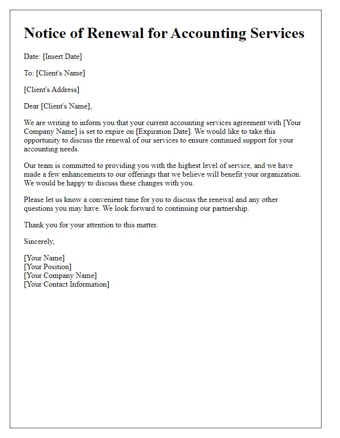 Letter template of notice for accounting services renewal