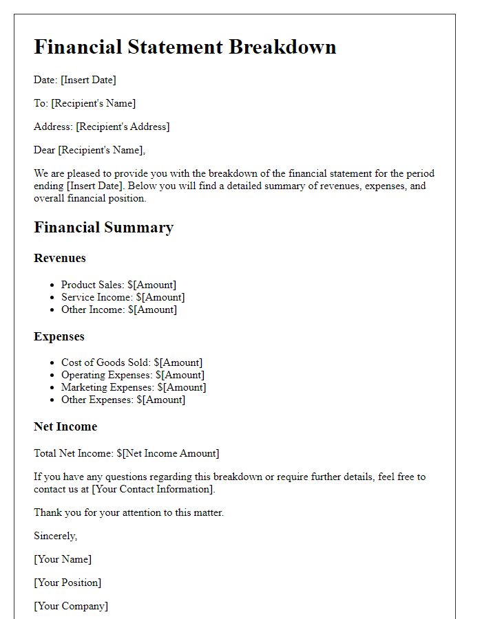 Letter template of financial statement breakdown