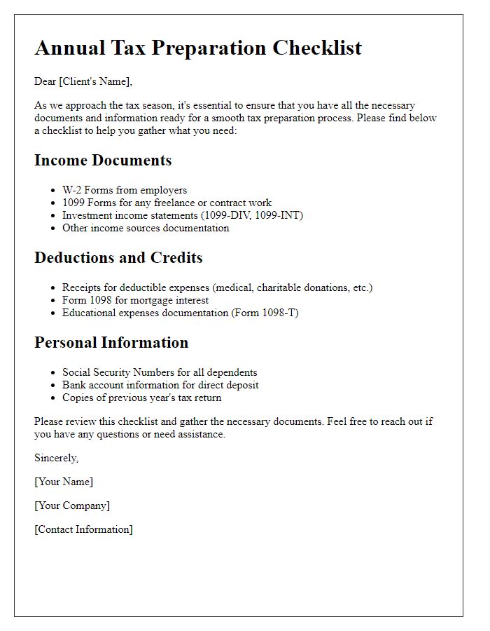 Letter template of annual tax preparation checklist