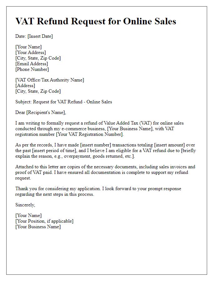 Letter template of VAT refund request for online sales and e-commerce