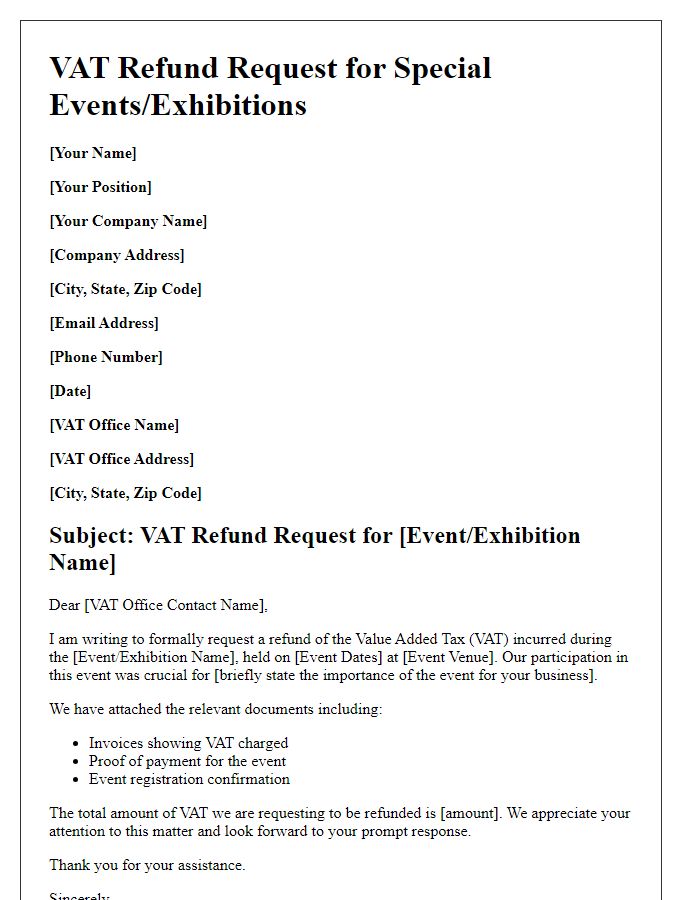 Letter template of VAT refund request for special events or exhibitions