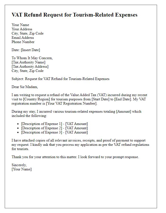 Letter template of VAT refund request for tourism-related expenses