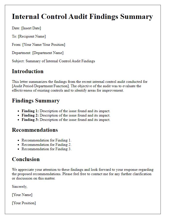 Letter template of internal control audit findings summary