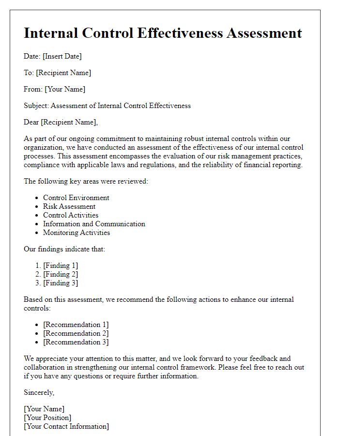 Letter template of internal control effectiveness assessment