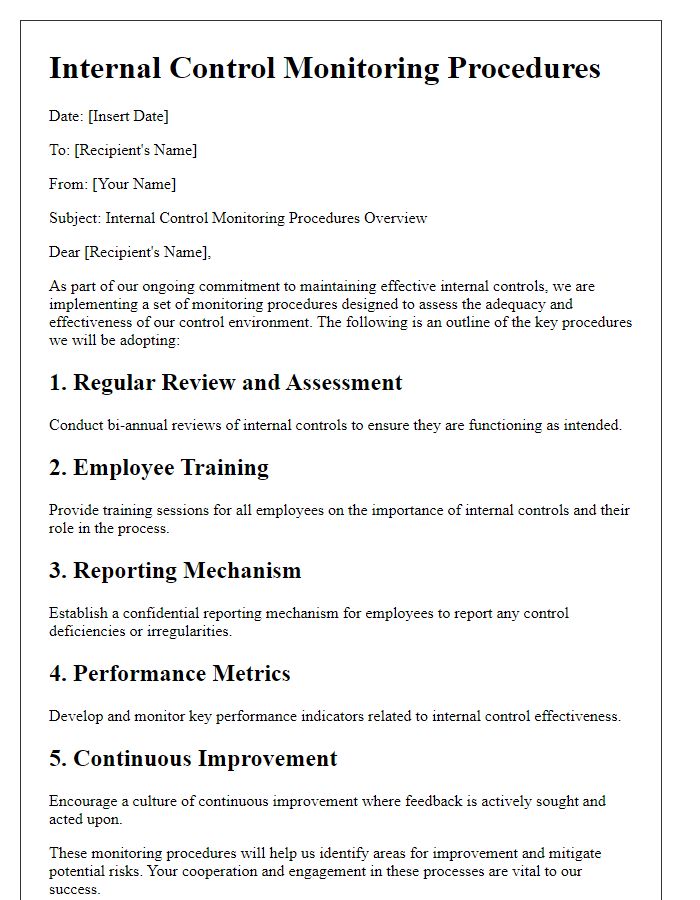 Letter template of internal control monitoring procedures