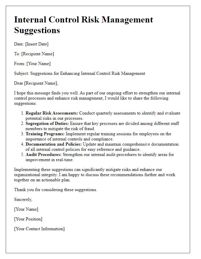 Letter template of internal control risk management suggestions