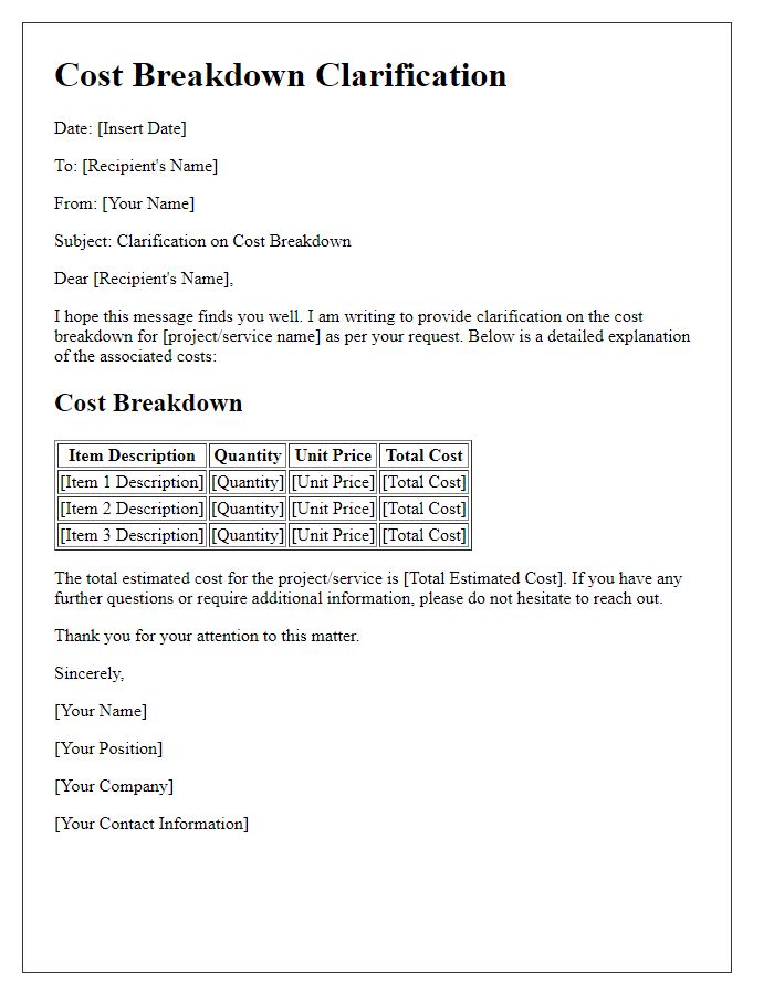 Letter template of cost breakdown clarification