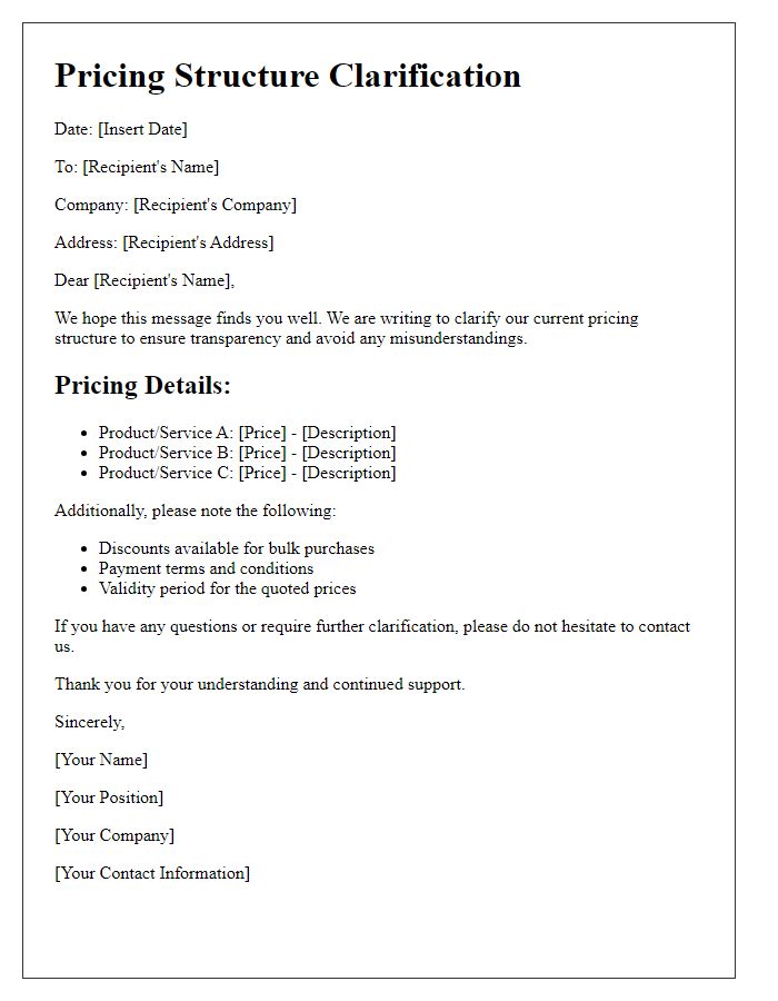 Letter template of pricing structure clarification