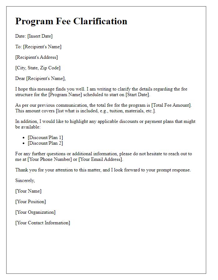 Letter template of program fee clarification