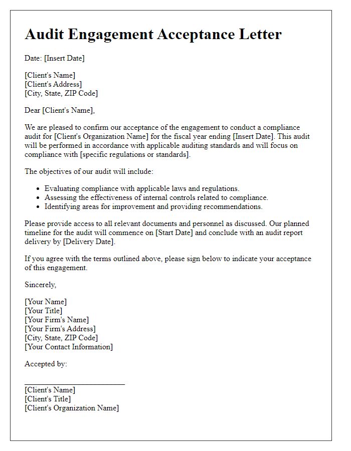 Letter template of audit engagement acceptance for compliance audits.