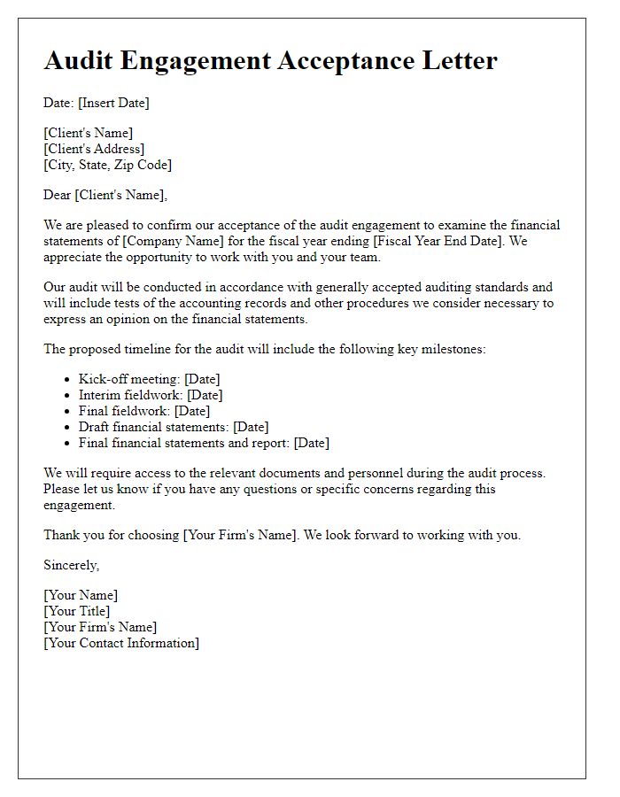 Letter template of audit engagement acceptance for financial statements.