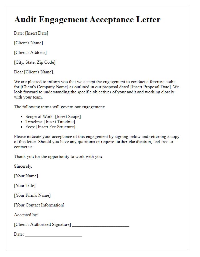 Letter template of audit engagement acceptance for forensic audits.