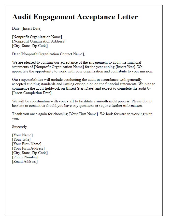 Letter template of audit engagement acceptance for nonprofit organizations.