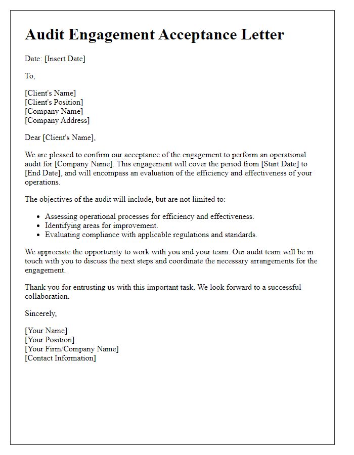 Letter template of audit engagement acceptance for operational audits.