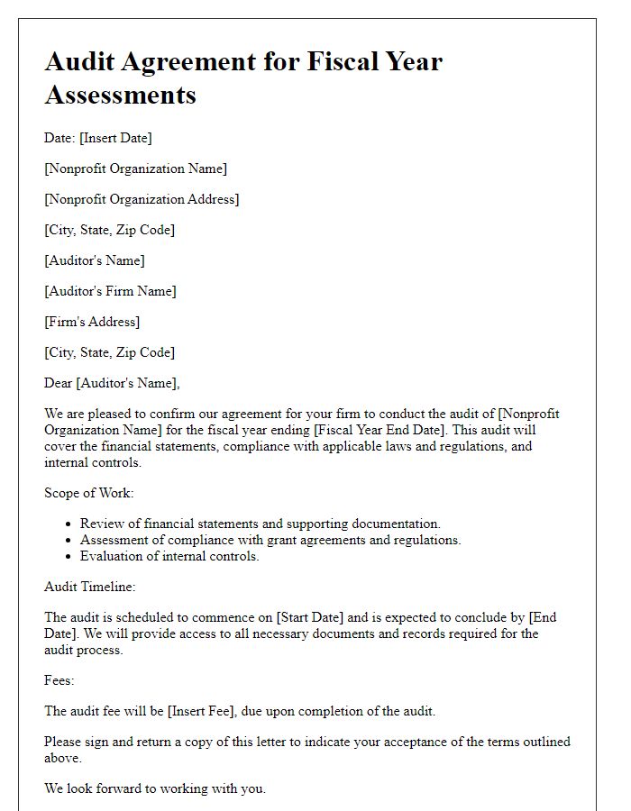 Letter template of audit agreement for nonprofit fiscal year assessments