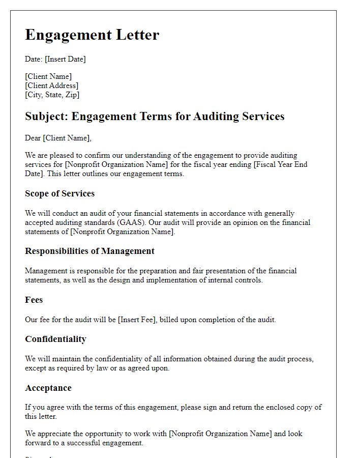 Letter template of engagement terms for nonprofit auditing services