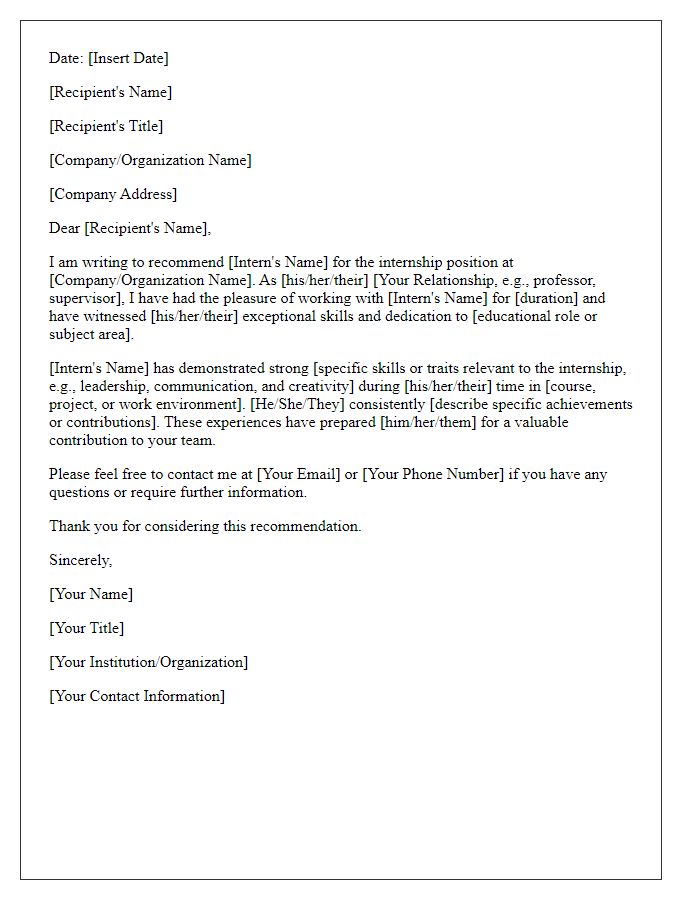 Letter template of internship position recommendation for an educational role.