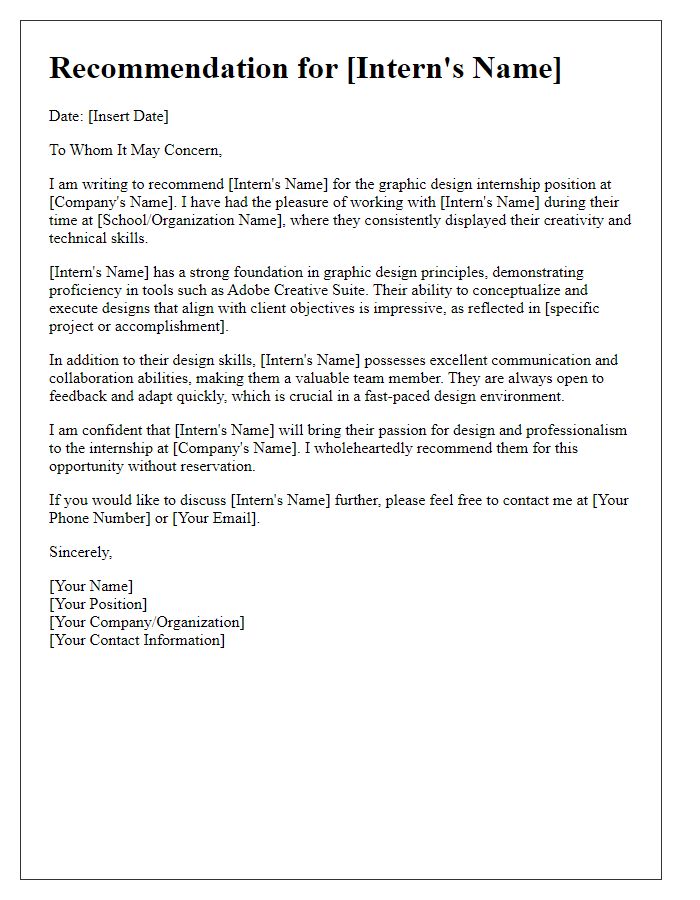 Letter template of internship position recommendation for a graphic design opportunity.