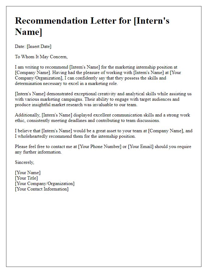 Letter template of internship position recommendation for a marketing role.